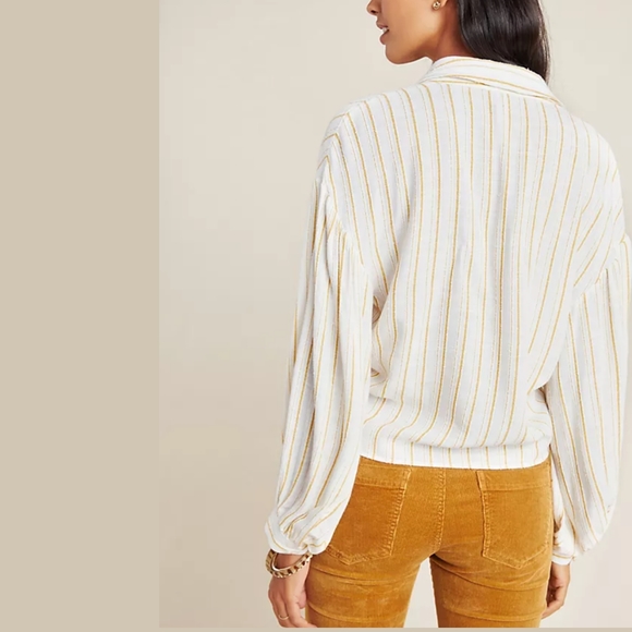 Anthropologie White & Yellow Textured Stripe Woven Tie Front Blouse Size 8 - Picture 3 of 7